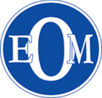 a blue and white logo with the word om